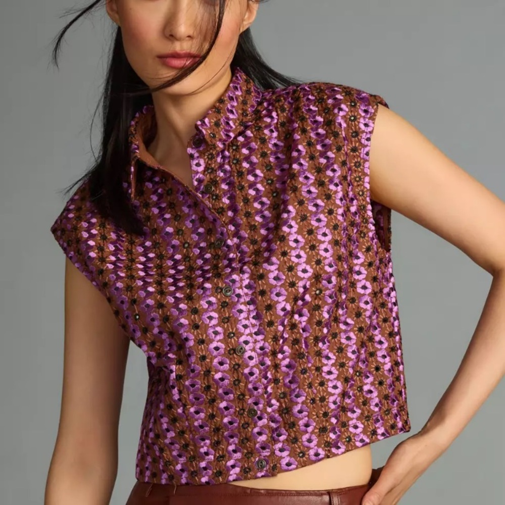 Anthropologie Maeve Brown and Purple Eyelet collared Top